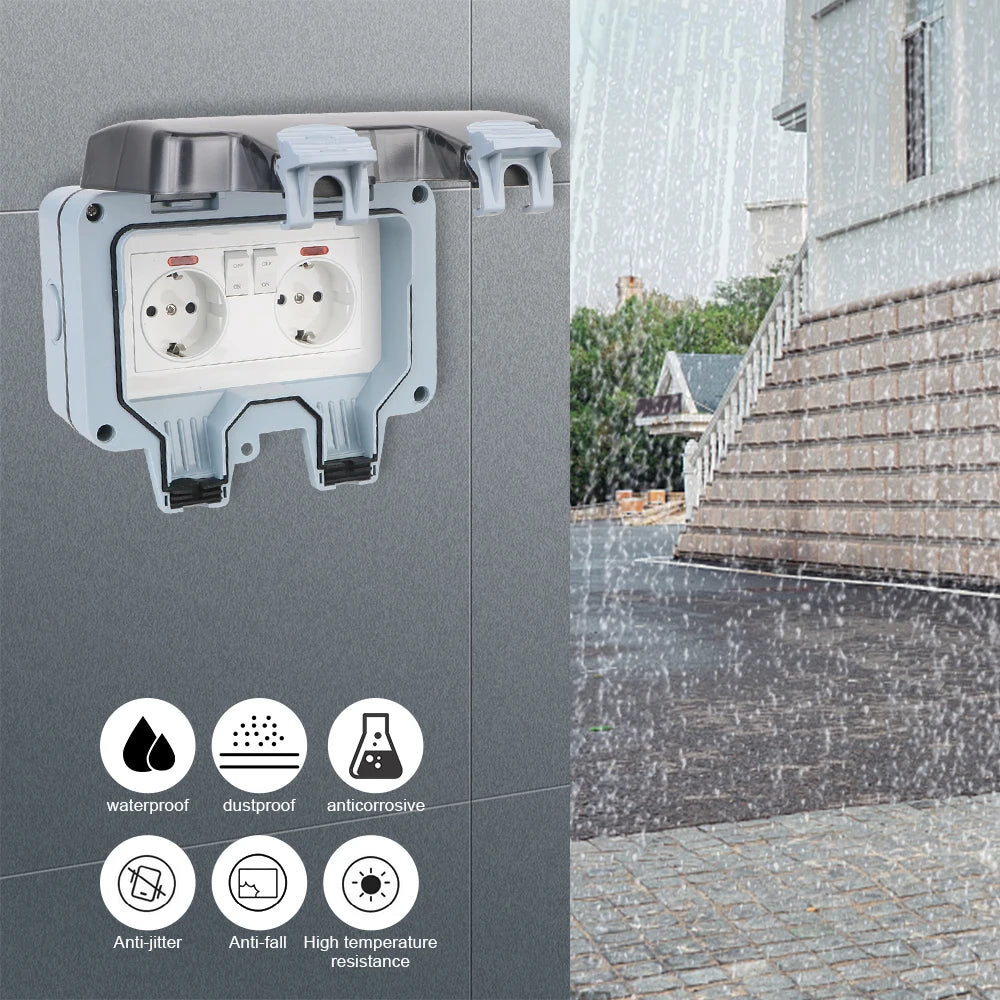 Double EU Socket Power Supply Switch Socket 16A Outdoor Wall Power Socket With USB Charging for Home& Garden IP66 Weatherproof