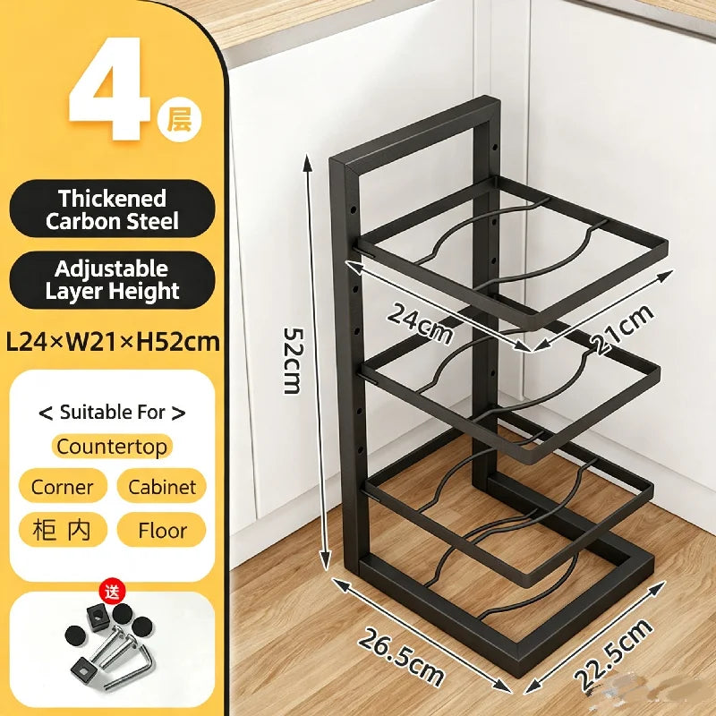 Adjustable Pot Rack Organizer, Kitchen Carbon Steel Pot Storage Rack, Multi-Layer Household Pot and Pan Organizer for Cabinet Un