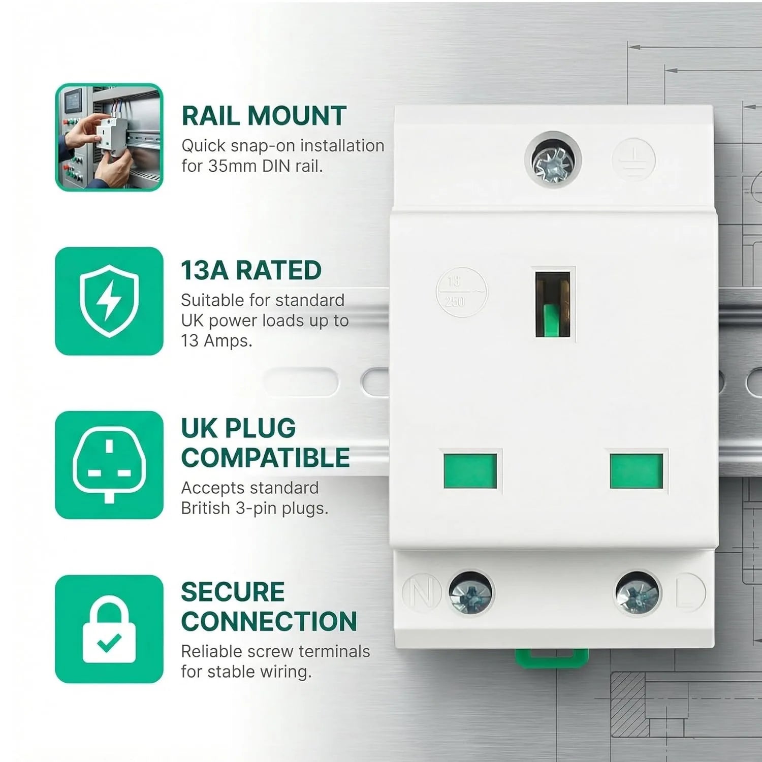 GEYA EU/US Type DIN Rail Socket Mount Modular Power Socket Single AC Outlet Built in Protective Outlet for Distribution Panel