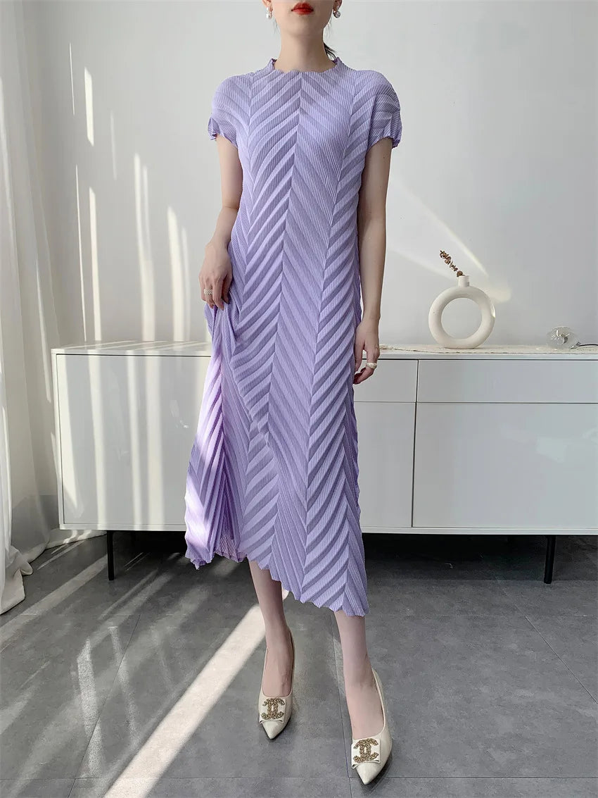 Miyake Handmade Pleated Dress Women's 2026 Spring New Solid Color Half-high Collar Sleeves Pullover Elegant Pleated Skirt