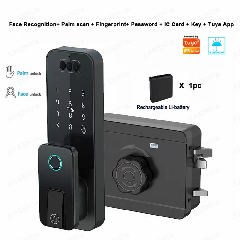 Outdoor Waterproof 3D Face Recognition Palm Scan Fingerprint Gate Lock Tuya Wifi App Password Digital Rechargeable Smart Lock
