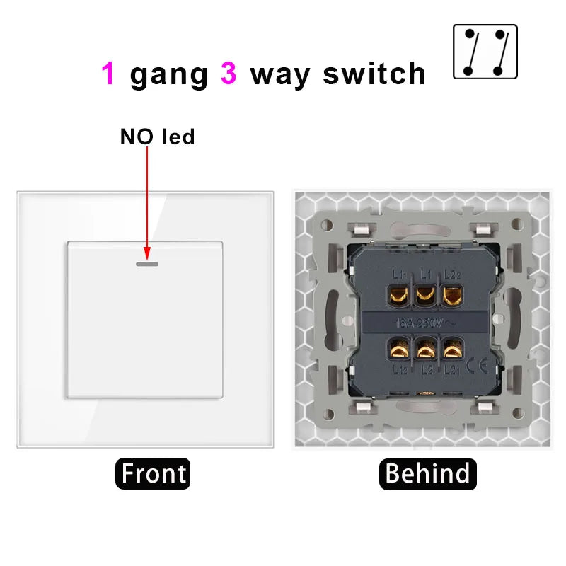 NYWP Luxury Crystal Tempered Glass Panel 1 Gang 2 Way Light Switch On / Off Wall Switch With LED Indicator 16A AC 250V
