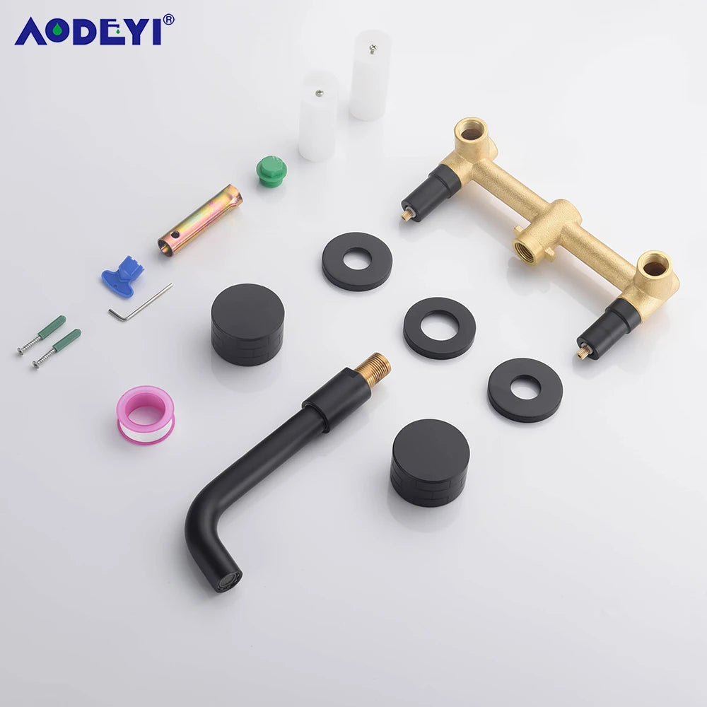 Black Bathroom Faucet Brass Double Lever Wall Mounted Sink Faucets Hot Cold Water Polished Taps Basin Mixer Brushed Gold Tap Set