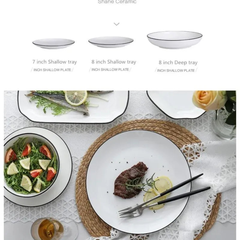 White With Black Dinner Plate Set Ceramic Serving Tray Food Dishes Rice Salad Noodles Bowl Soup Kitchen Dinnerware