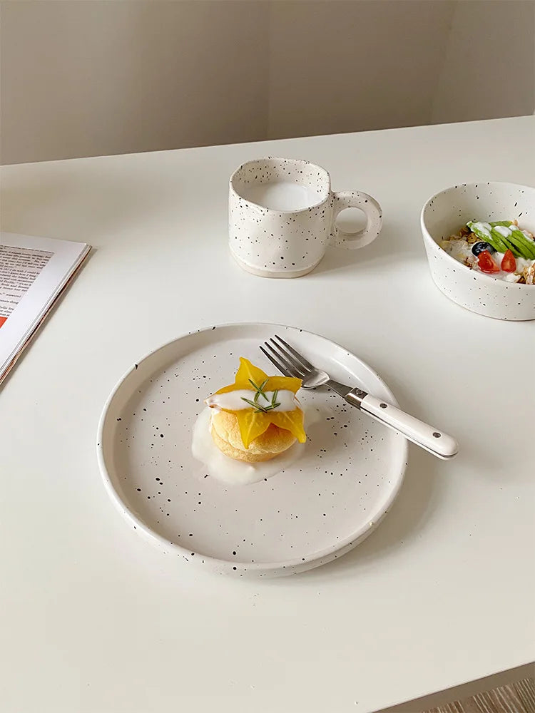 Retro Style White Ink-splashed Ceramic Bowl and Plate Western Food Steak Fruit Dessert Tray Salad Bowl Tableware Main Dish Plate