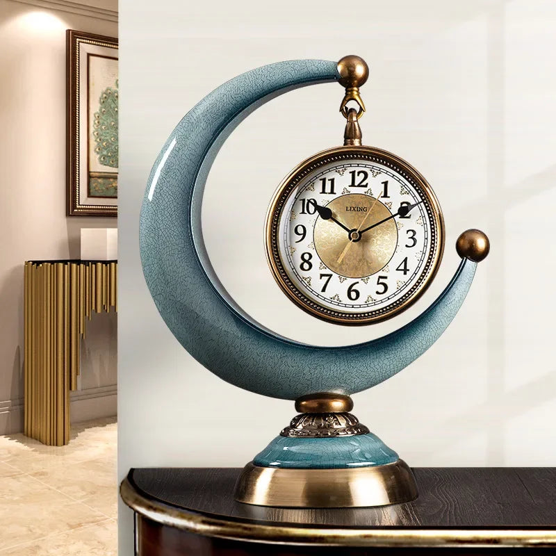 Luxury Mechanical Table Clock Silent Watch Desk Clock Living Room Desktop Retro Moon Table Decoration & Accessories Gift