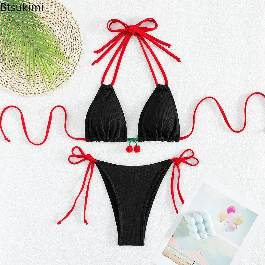 2026 Summer Swimwear Bikini Set Fashion Sexy Backless Bikini 2 Piece Set Women Laced Up Split Swimsuit High Waist Beach Bikini
