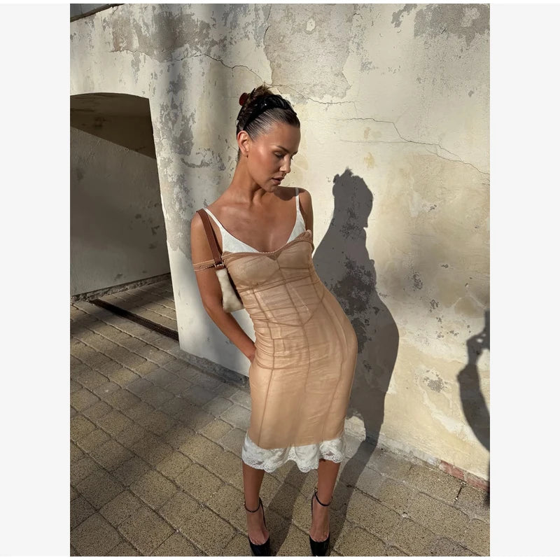 Sexy Sheer Mesh Overlay Midi Dress Women Sleeveless Sleeveless Spaghetti Strap Slim Dresses 2026 Lady Trendy Party Club Robe