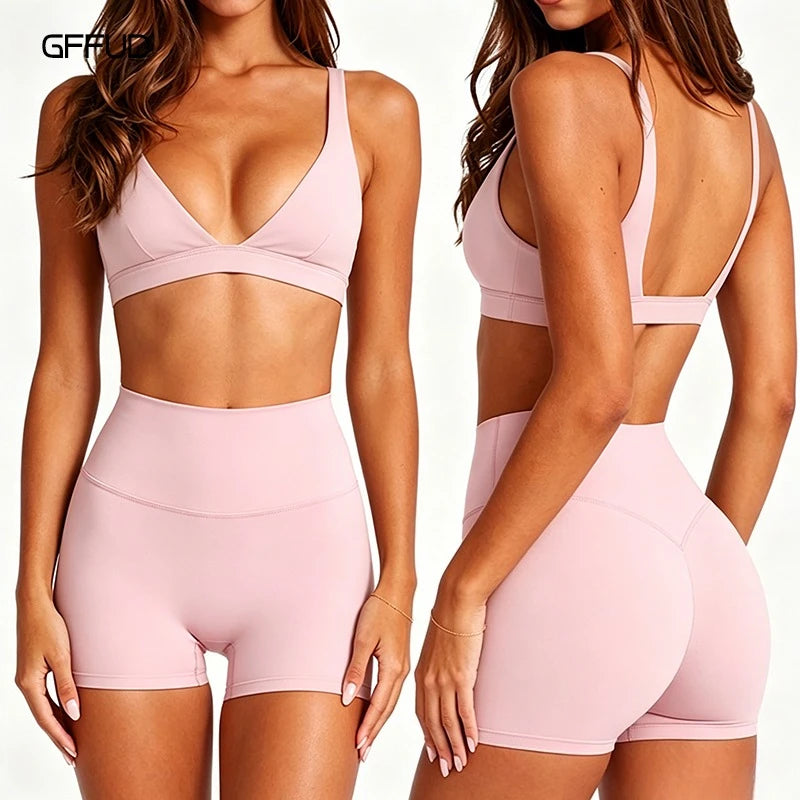 Women's Yoga Set V Neck Push Up Sports Bra High Support Shockproof + High Waist Quick Dry Tummy Control Gym Shorts 2 Piece Set