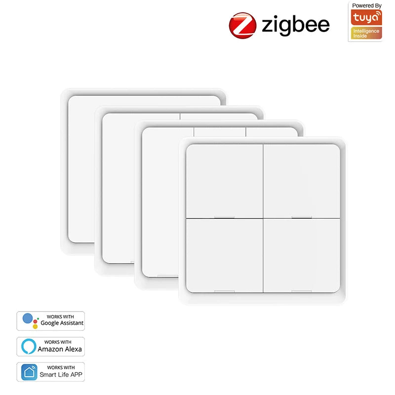 ZigBee Tuya Smart Wireless Button Switch 1/2/3/4 Gang Wiring Free Wireless Scene Switch Battery Powered Can Through Wall Control