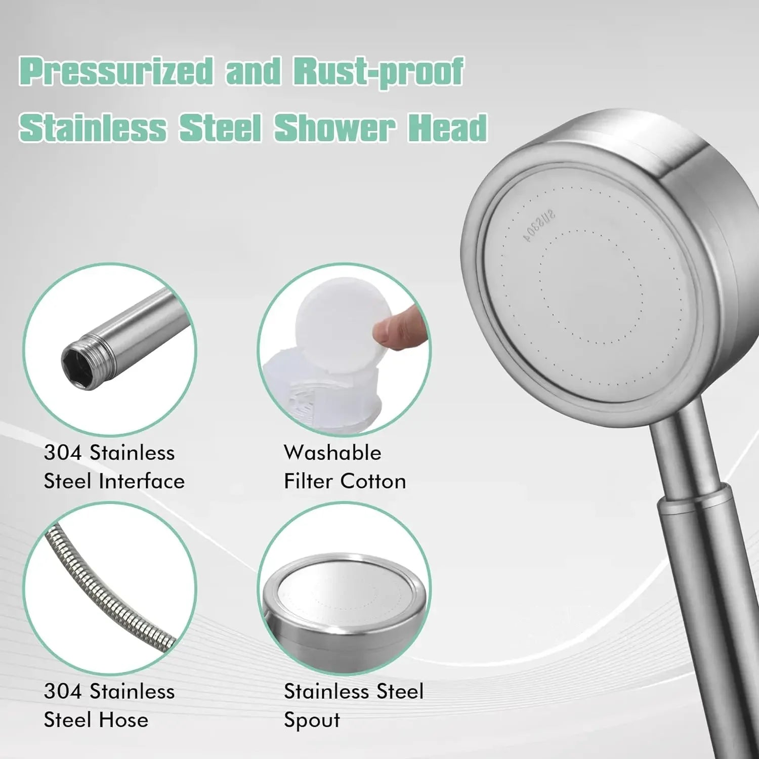 304 Stainless Steel Shower Head Pressurized High Pressure Detachable Bathroom Showerhead for Home Spa Easy Install Accessories