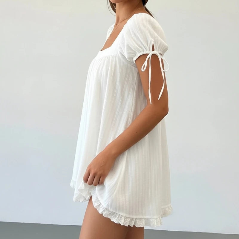 Bohemian Puff Sleeve Maternity Dress Women Square Neck A-line Mini Ruffled Dresses Fairy Vintage Loose Fit Flowy Short Dress