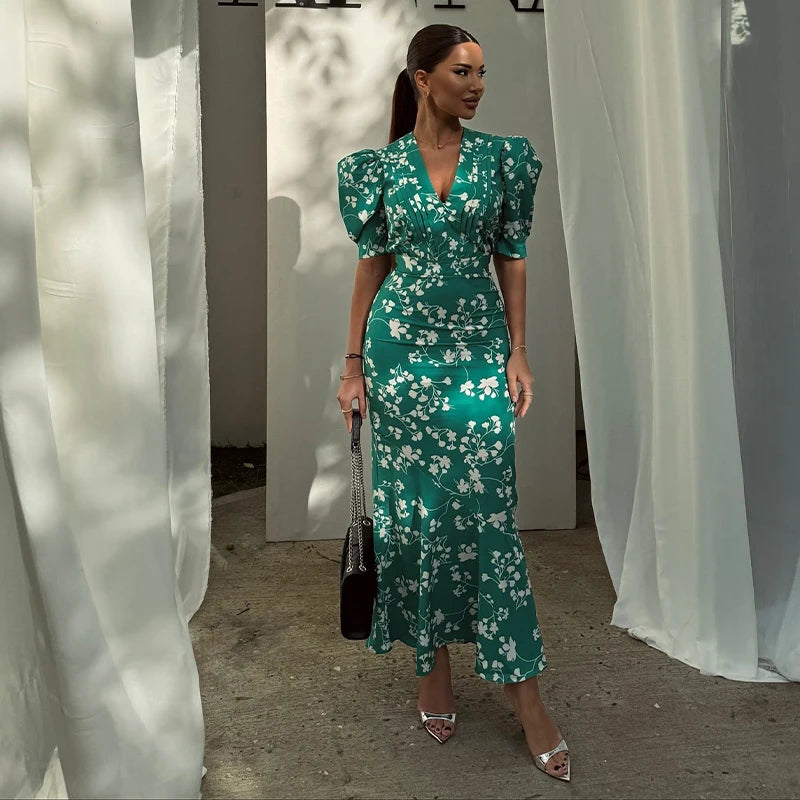 Sexy Deep V-neck Women's Floral Print Dresses 2026 Summer Elegant Waist-cinching Short Sleeve Pleated Long Robes Ladies Dress