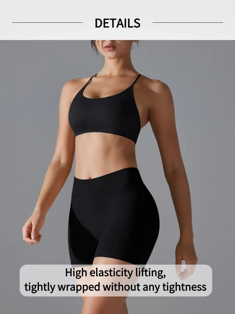 Women's Seamless Solid Color Cross Back High Elasticity Tight and Sexy Sports Bra Yoga Suit Set, Running and Fitness Two Pieces
