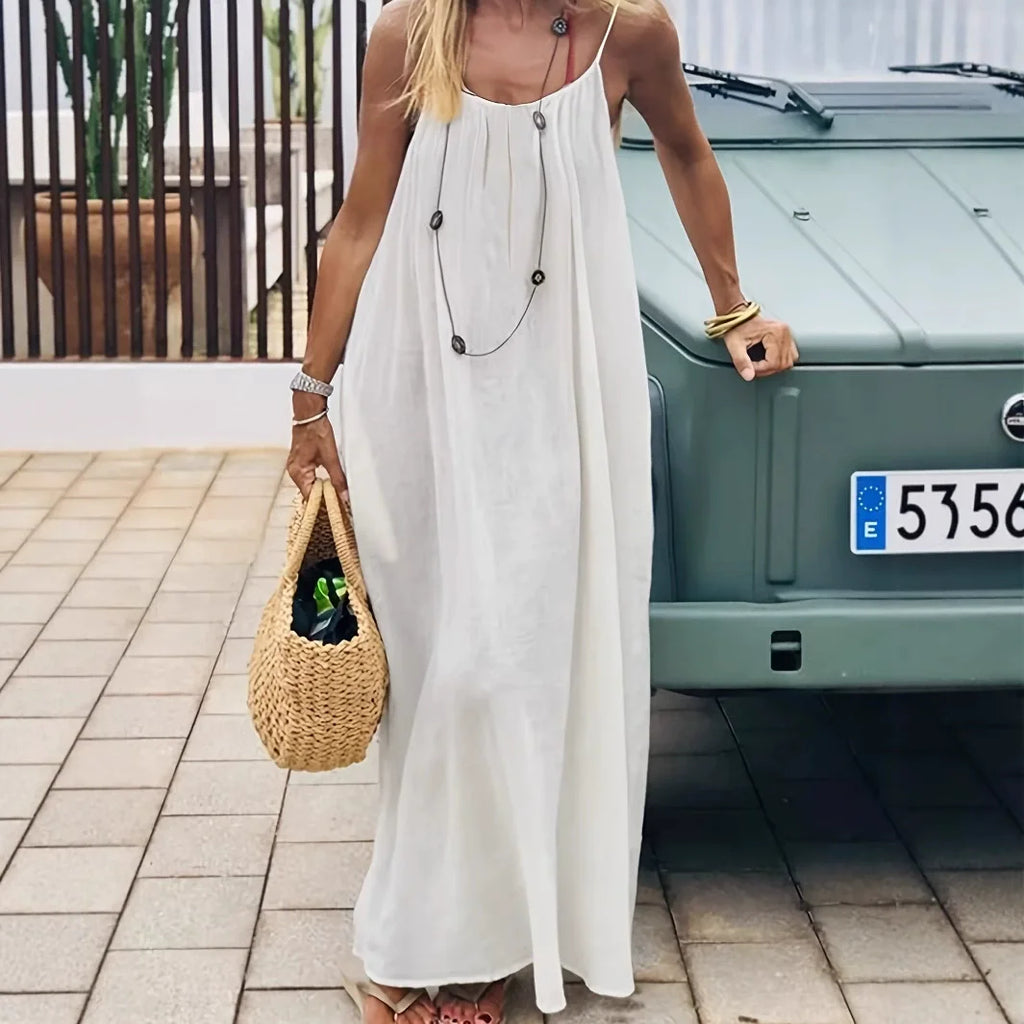 2026 Spring Summer Temperament Suspender Women Dress Backless Loose Maxi Dress Elegant Versatile Big Swing Beach Long Dress