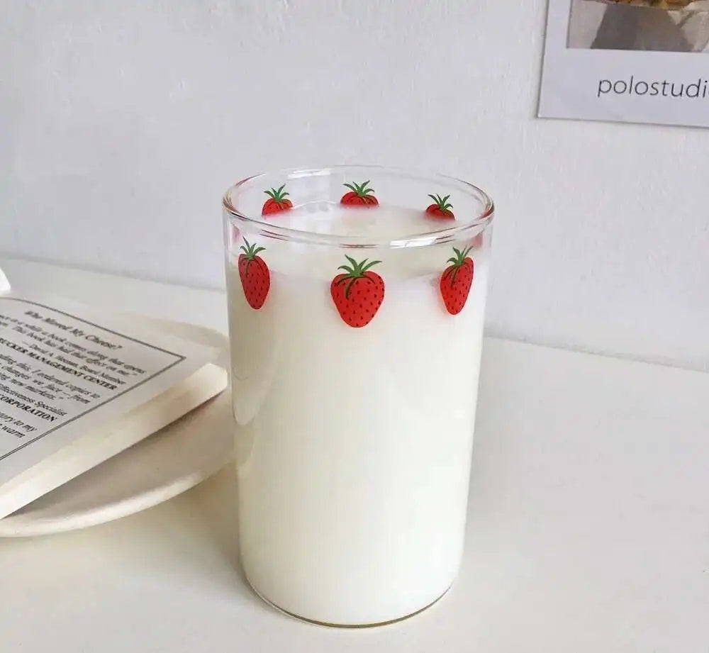 300ml 10oz High borosilicate Nana Cute Strawberry Water Milk Drinking Glasses Cup With Straw