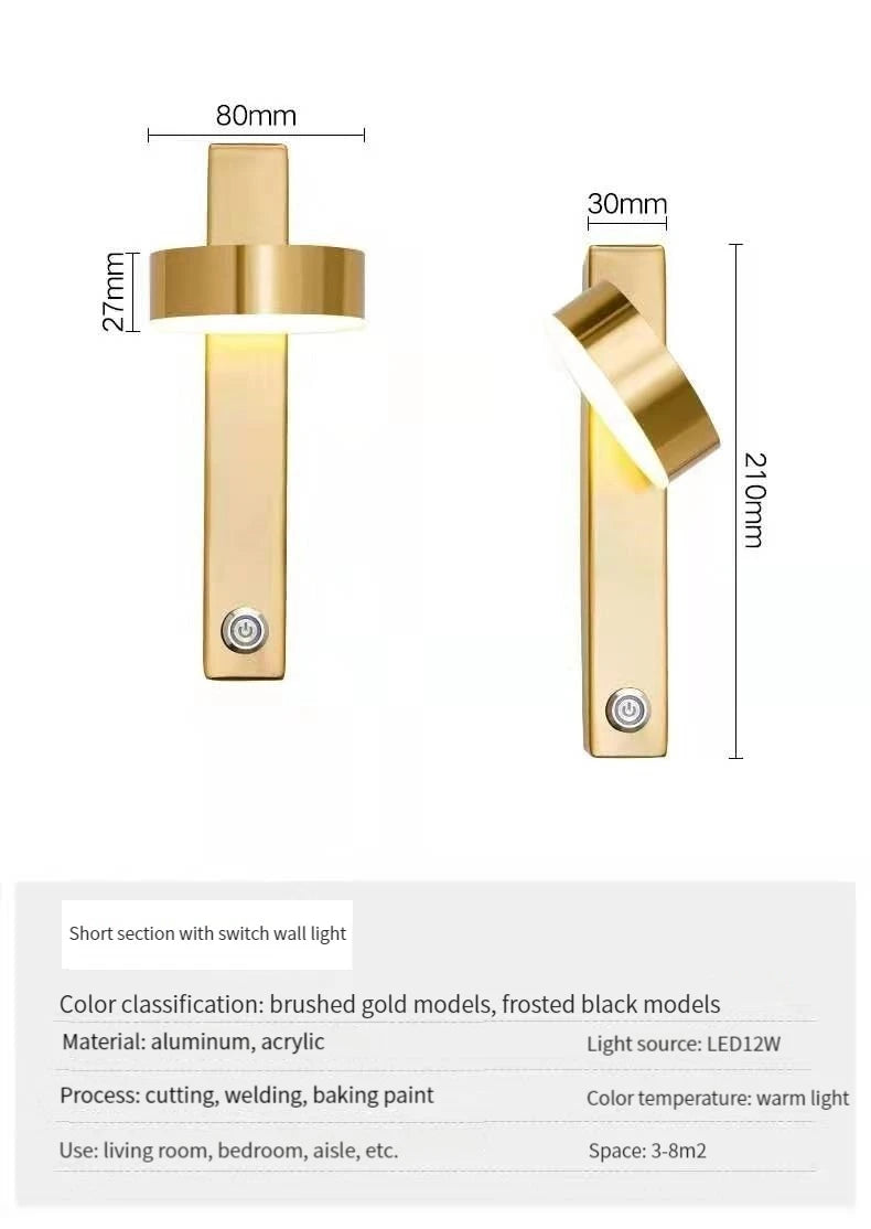 Nordic Modern LED wall lamp Gold Black Rotation Dimming Switch Wall Light With plug Fixture Bathroom Bedroom 360° Rotate Sconces