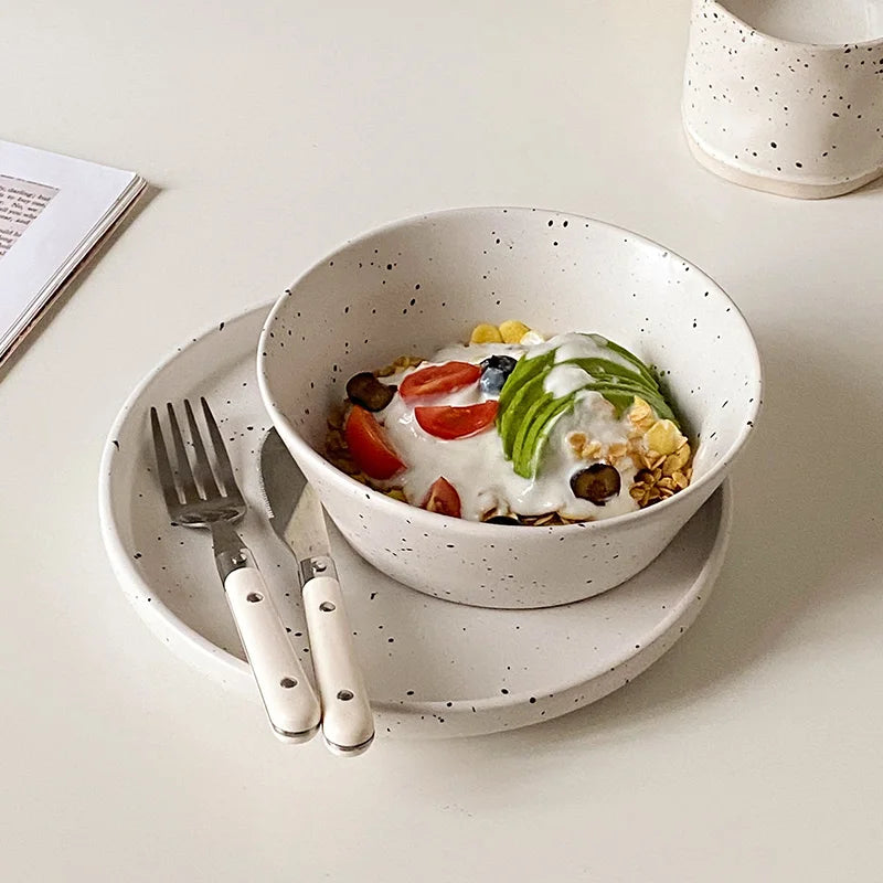 Retro Style White Ink-splashed Ceramic Bowl and Plate Western Food Steak Fruit Dessert Tray Salad Bowl Tableware Main Dish Plate