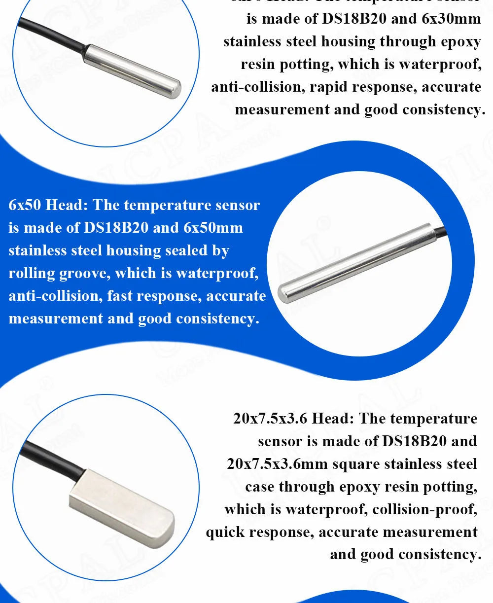 DS18B20 Temperature Sensor Waterproof Dustproof Sensors Cable 1M Length Probe 304 Stainless Steel 6*30MM OD 3.0MM