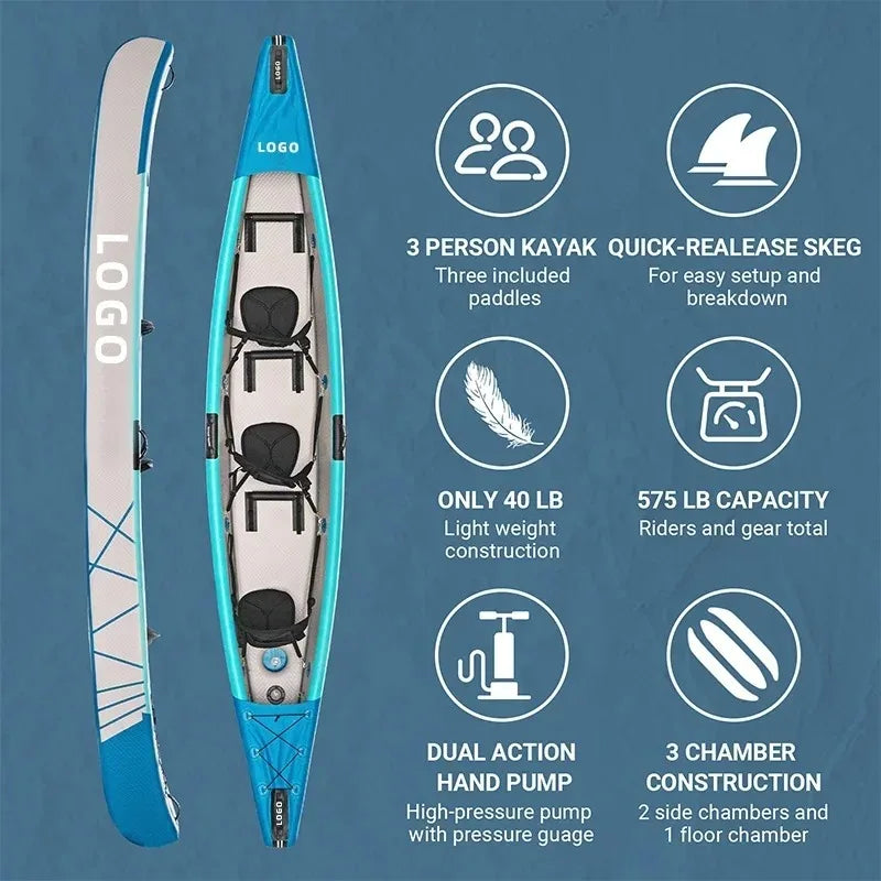 Inflatable Kayak 465CM Inflatable 3 Person Fishing Paddle Boat ,0.6mm PVC 8CM Drop Stitch 3 Chambers Ship for Ocean Lake Sea