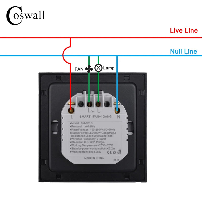 Glass Panel Wifi/Zigbee2MQTT Smart Light Switch With Knob Fan Controller 300W Max.  Digital LCD For Ceiling Fan Lamp