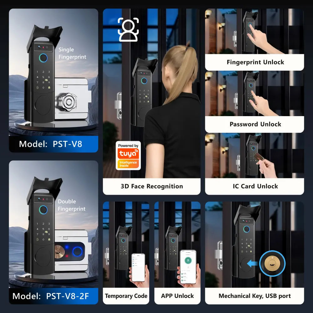Tuya Smart WiFi Waterproof 3D Face Door Lock Double Fingerprint Unlock for Home Security Apartment Villa/Hotel Office PST-V8-2F