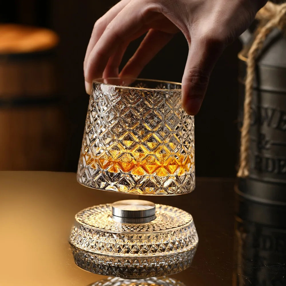 Tumbler Whiskey Glass with Base Crystal Whiskey Glasses Rotating Spinning Wine Brandy Glass Cup Drinkware for Bar Home