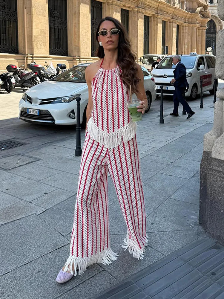 Halter Vertical Striped Fringe Two Piece Set Sleeveless Tank Top Loose Wide Leg Pants Women 2026 Summer Holiday Beach Chic Suit