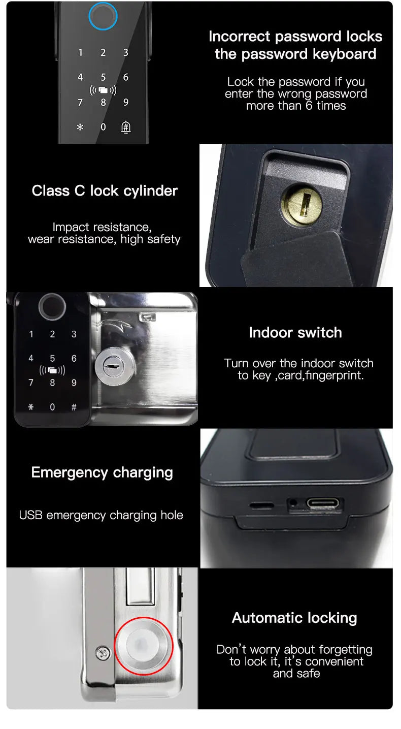 Tuya Bluetooth-compatible App Waterproof Fingerprint Smart Door Lock Gate Password RFID Card Rim Bolt Lock Electronic Door Lock