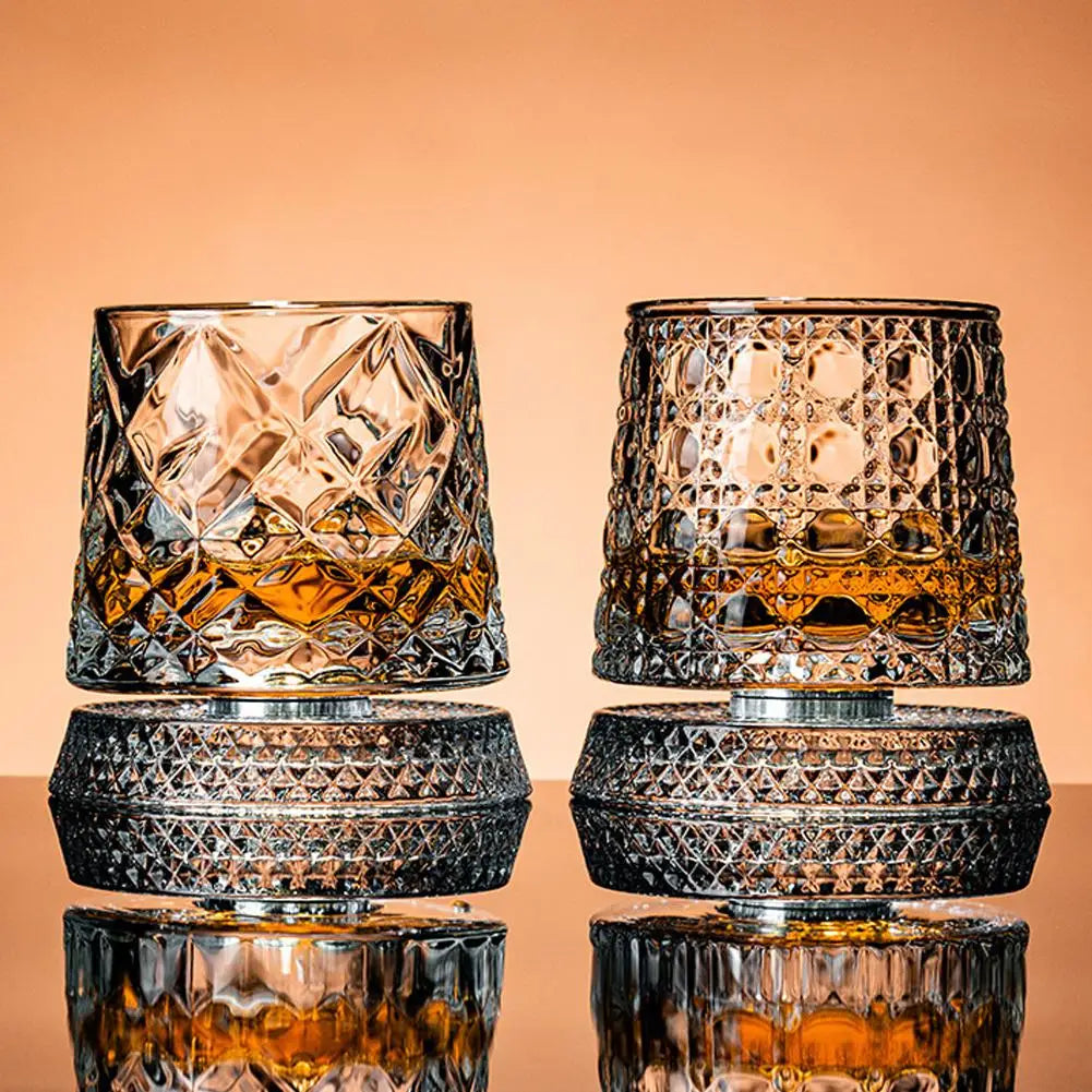 2PCS Whiskey Glasses Rotating Whisky Glass With Glass Base 360 Rotate Degrees Crystal Rum Glass For Cocktail Party Drinking Gift