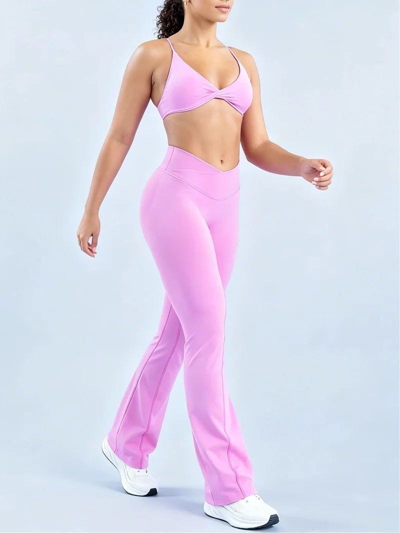 2Pcs Women Sports Yoga Set Halter Neck Sports Bra Flare Leggings Seamless Hip Lifting Quick Dry Gym Fitness Workout Activewear