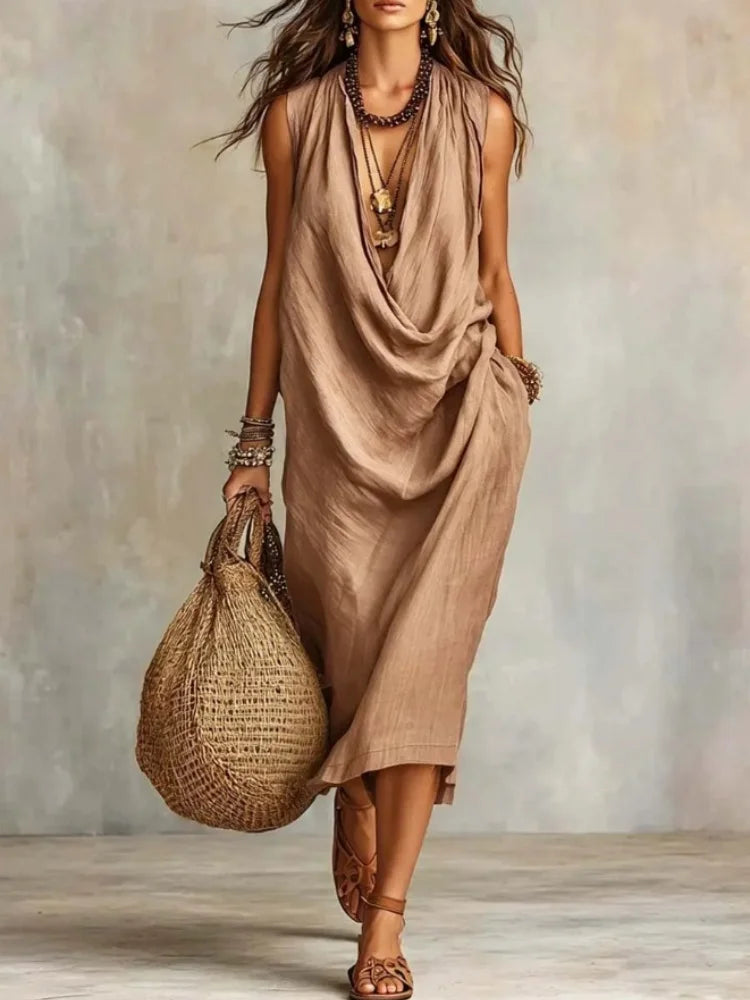 Elegant Cotton Linen Long Dress for Women Loose Draped Neckline Sleeveless Pocket Vestido Summer Casual Beach Vacation Dresses