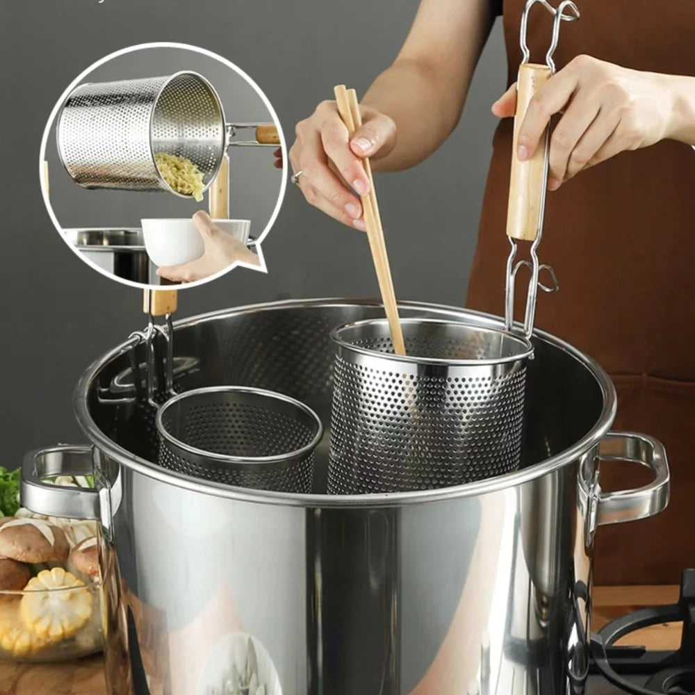 Durable Thickened Stainless Steel Funnel Wooden Handle Multifunctional Pasta Basket Strainer Kitchen Gadgets Deep Fry Basket
