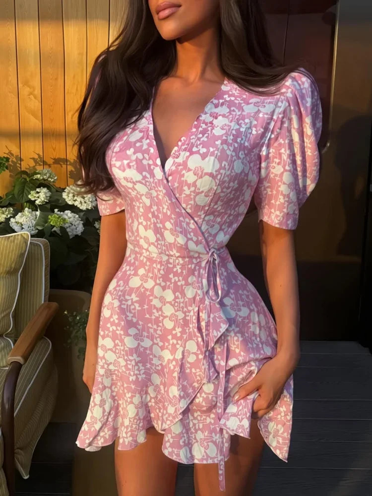 Fashion Women V Neck Printed Short Dress Puff Sleeve Waist-cinching Lace Up Mini Dresses Lady Chic Daily Street Gown 2026 Summer