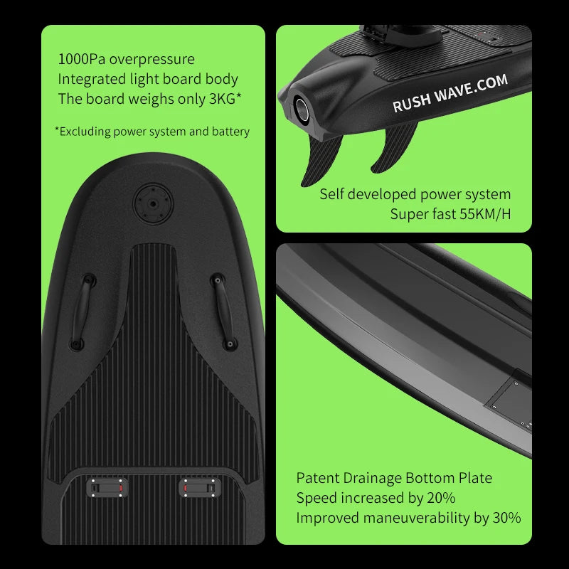 RUSH WAVE Electric Black Rider Pedal Water Jet Surfboard New Power Board for Sports and Entertainment Paddling