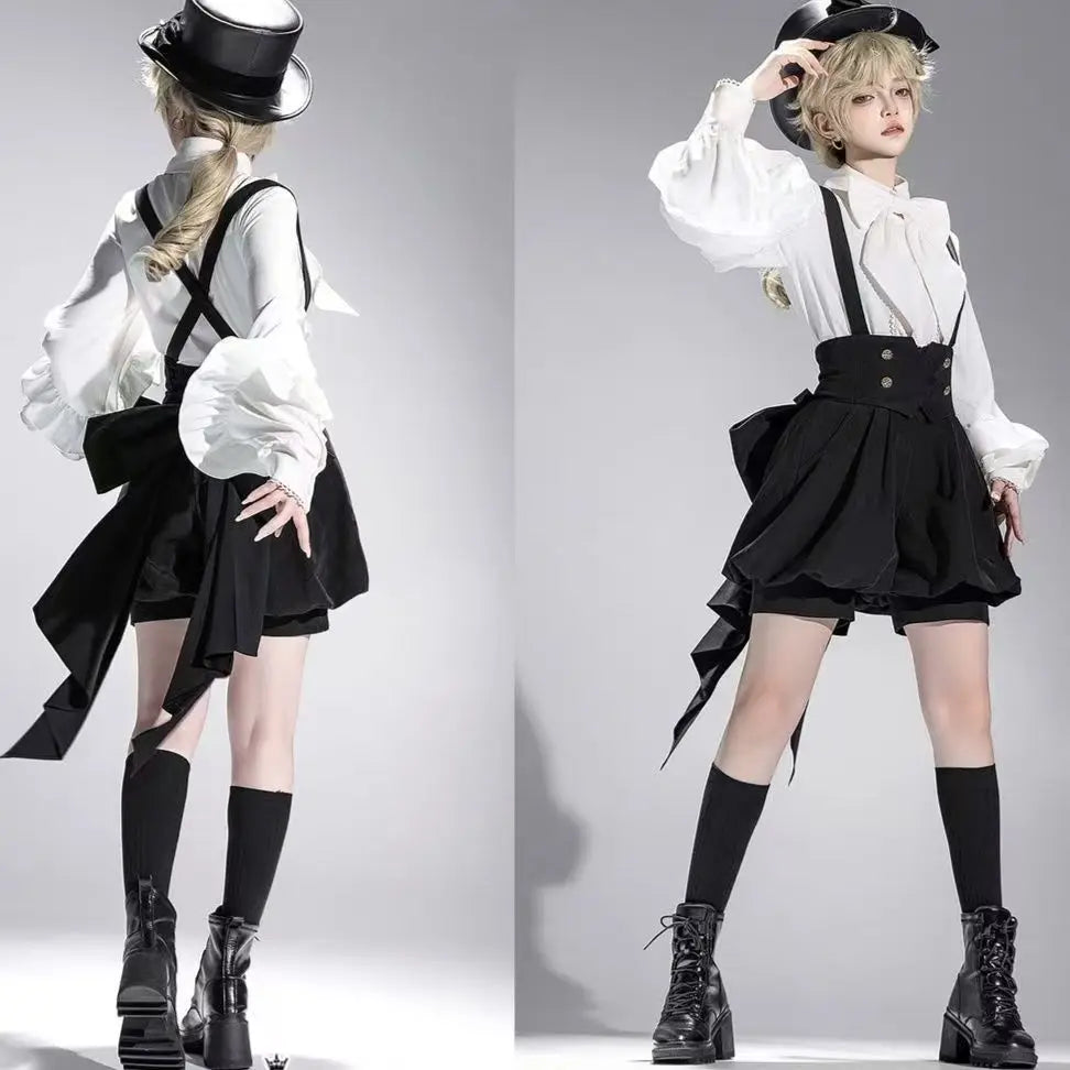 Gothic Lolita Two Piece Set with Bow, Y2K Aesthetic Flare Sleeve Mini Dress, Japanese Punk Style Party Co-ord Outfit