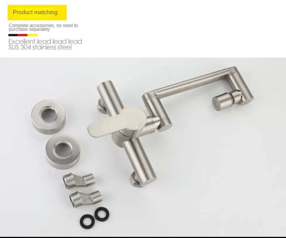 Stainless Steel Foldable Basin Faucet Wall Mounted Bathroom Kitchen Sink Washbasins Cold Hot Water Mixer Tap 360 Degree Swivel