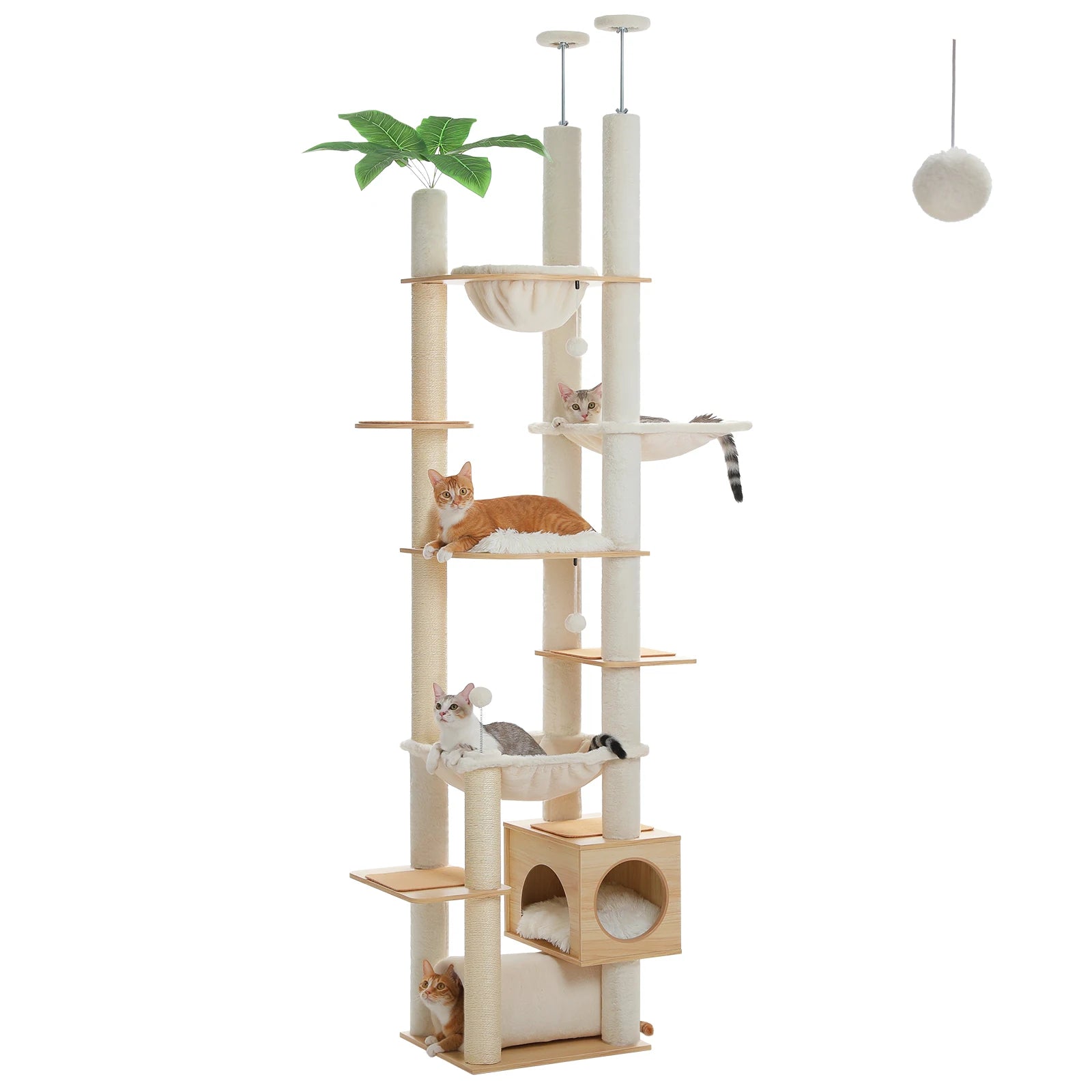 Height Adjustable Wooden Cat Tree with Large Hammock Sisal Scratching Posts Floor to Ceiling Cat Tower Cozy Cat Condo for Indoor