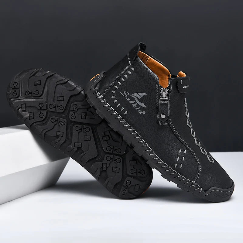 Handmade Leather Casual Shoes For Men Sneakers Men Flat Footwear Zipper Leather Boots Men Ankle Plus Size 39-48