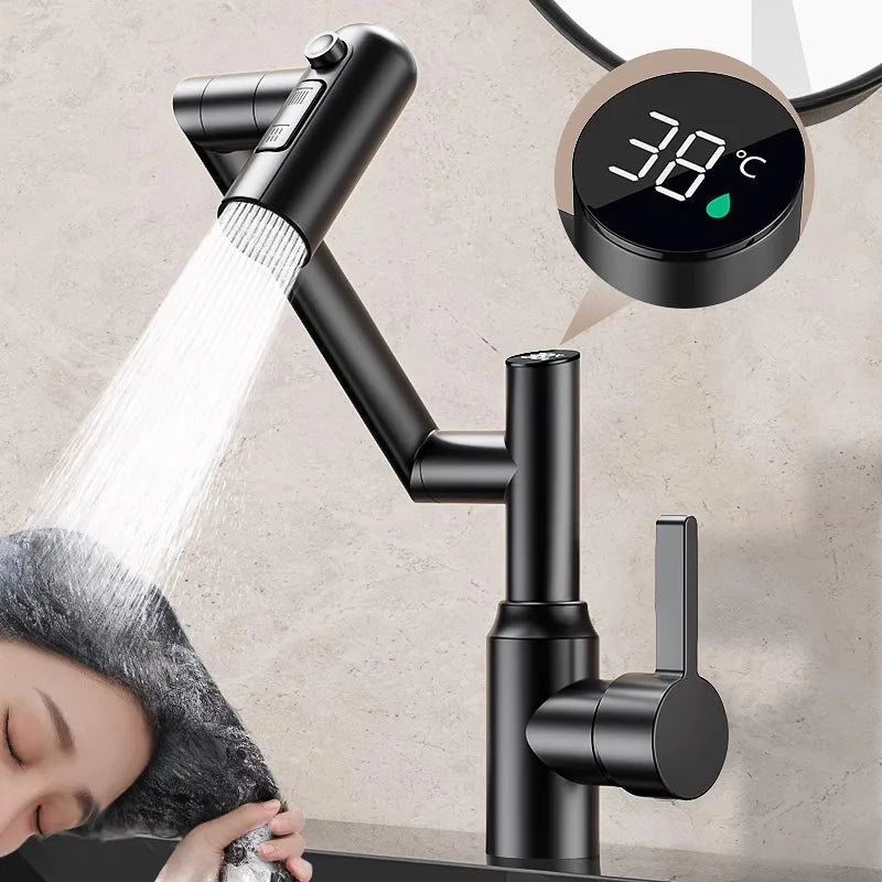 Stainless Steel Faucet Washbasin Bathroom Multi-functional Robotic Arm Universal Rotation for Hot and Cold Water Digital Display