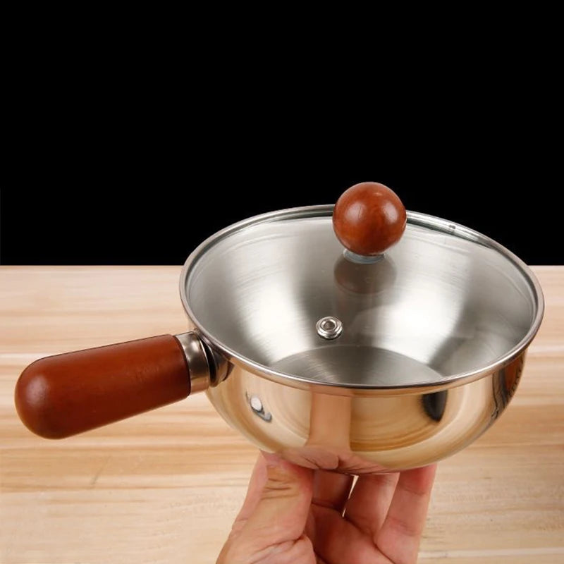 1Pc Stainless Steel Cooking Pot With Wooden Handle Compact Small Noodle Pot For Baby Food Milk Snacks Kitchen Gadgets
