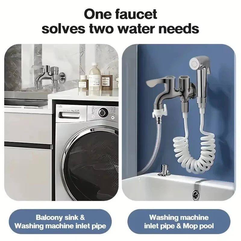 Stainless Steel Double Outlet Faucet Dual Control Water Tap 1/2 Inch Bidet Bathroom Accessory One in Two out Tap