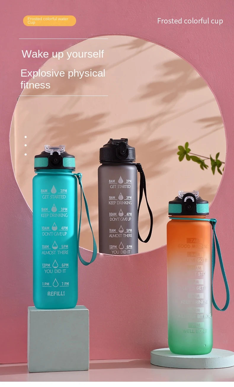 1pc 1000ml Large Capacity Gradient Water Bottle,Water Bottle with Straw 1 Litre Leakproof with Time Marker,for Sports Fitness