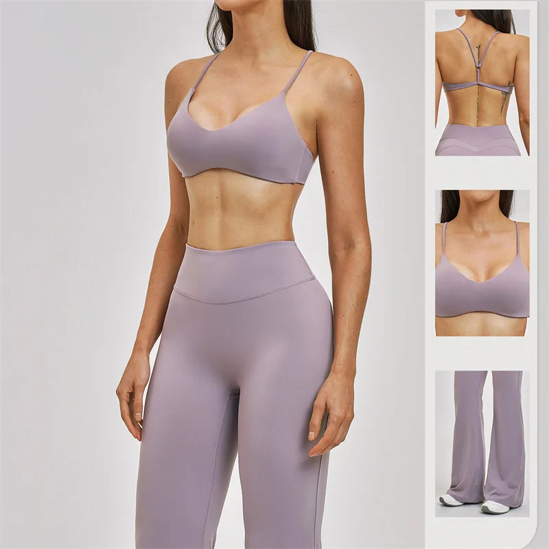 TRY TO BN Women's Tracksuit 2 Pieces Yoga Set Back Y Bra High Waist Leggings Flare Fitness Sportwear Workout Running Gym Clothes