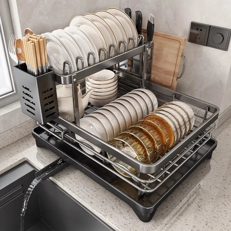 Dish Drying Rack Adjustable Kitchen Plates Organizer with Drainboard Over Sink Plate Drainer Storage Organizer