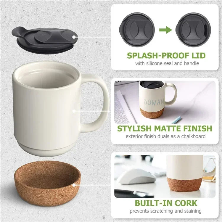 Simplicity Ceramic Cork Bottom Coffee Mug with Lid Splash Proof Heat-resistant Matte Plain White Black Cork Base Bottom Tea Cup