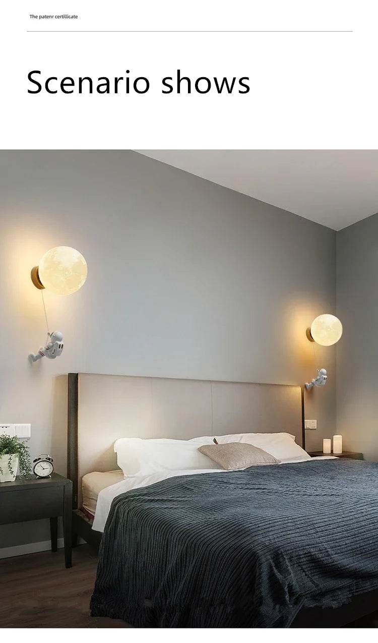 Modern Astronaut Wall Lamp Natural Alabaster Planet LED Sconce Kids Bedroom Astronaut Nursery Decor