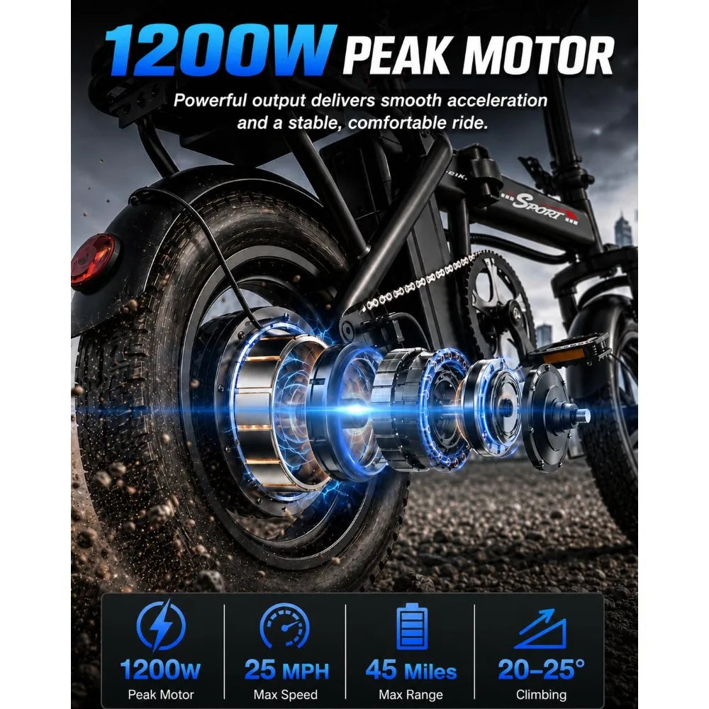 1200W Peak Motor Foldable Electric Bike, 25 MPH 45 Miles Dual Suspension 14" Tires 3 Speed Modes Commuter Ebike Adults , Custom