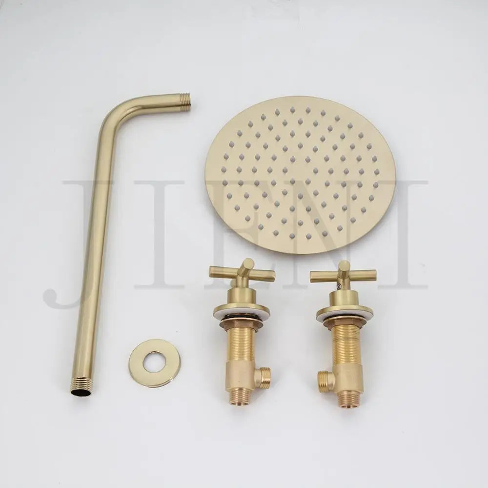 JIENI 8 Inch Brushed Gold Rainfall Shower Faucet Sets Wall Mounted Bathroom Round & Square Head 2 Handles Control Mixer Shower