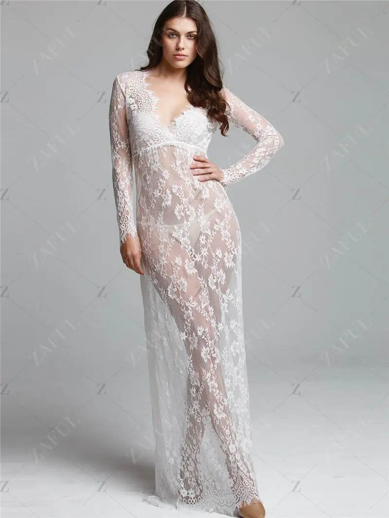 Fashionable Sexy Deep Collar Long Sleeve Lace See-through Bodycon Gown Trendy Women's Dress Elegant Draped Evening Dress